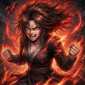 Potret anime eksplosif dari Anna Nishikinomiya dengan aura berapi dan kemarahan yang intens.