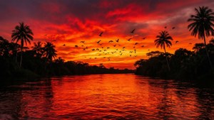 En levende ildfull solnedgang over Amazonas-elven med glødende vann og fuglesilhuetter.