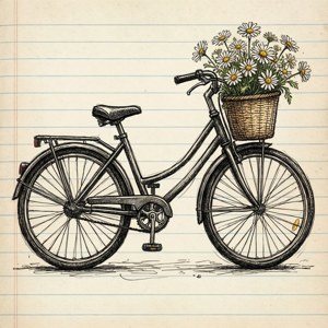 Doodle van een fiets met madeliefjes op notitieboekpapier achtergrond.