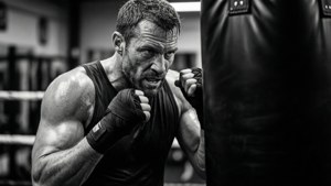Mark Strong entrenando como un boxeador, determinación y poder brutos.