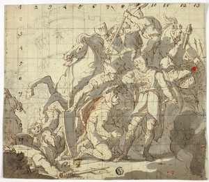 Fighting Knights Before Castle by Sir Robert Ker Porter, created c. 1800, in Pen and orange-red ink, with brush and gray wash, graphite, and traces of red chalk — Illustration Wallpaper