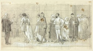 Figures in Procession by Henry Stacy Marks, created n.d., in Black chalk, with brush and gray wash and watercolor, heightened with white gouache, squared in gra — Illustration Wallpaper