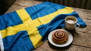 Svensk flagga draperad på ett bord med kaffe och kanelbulle för en mysig fika-stund.