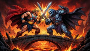 He-Man e Skeletor duelam com espadas em uma ponte sobre lava em estilo de história em quadrinhos