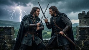 Macbeth und Macduff in einem klimaktischen Schwertkampf