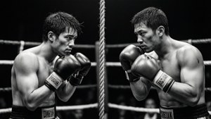 Foto hitam-putih dua petarung kickboxing yang saling berhadapan di atas ring.