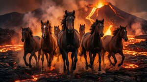 Sete cavalos correm por uma paisagem de erupção vulcânica.