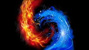 Fiery red flames swirl against icy blue water in a cosmic digital artwork.