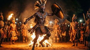 Seremoniell Zulu-krigerdans under ildlys om natten