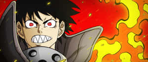 Personagem de anime com olhos vermelhos e cabelo preto rugindo em meio às chamas. — Fire Force Hibana Papéis de Parede