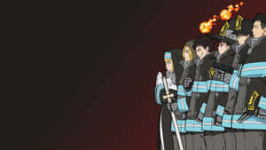 Bombeiros anime em uniforme com bolas de fogo acima de suas cabeças contra um fundo vermelho escuro. — Fire Force Haumea Papéis de Parede