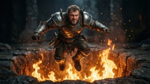 Dungeon Crawler Carl saute par-dessus une fosse de feu dans une scène d'action dramatique