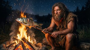 A caveman roasts a fish on a stick over a crackling campfire at night.