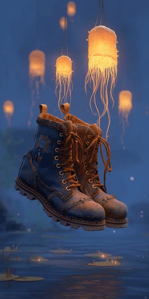 Worn blue boots float above water with glowing jellyfish lanterns above.