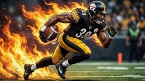 Football player running with flames trailing behind him on a field. — Pittsburgh Steelers Background
