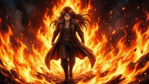 Judar cammina tra le fiamme, imperturbabile, una figura di distruzione.