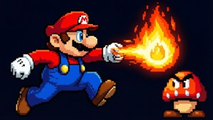 Mario skjuter en eldboll mot en Goomba, retro pixelkonst med eldiga effekter.