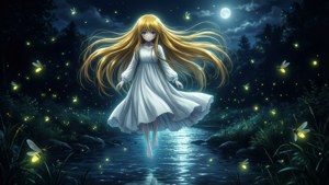 Menma de Anohana flutuando sobre um rio à noite, cercada por vaga-lumes brilhantes.