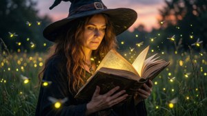 Una strega studia un libro di incantesimi circondata da lucciole.