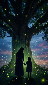 Une silhouette enchanteresse d'une mère et de son enfant sous un arbre avec des lucioles au crépuscule.