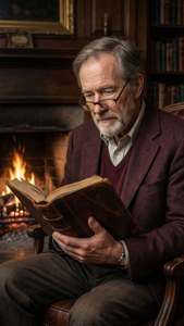 Thomas Anthony Dean fordybet i en bog ved pejsen