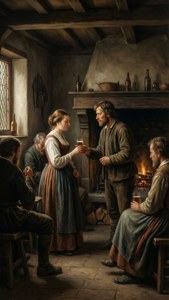 En intim hollandsk tavernascene med et stående par ved ilden