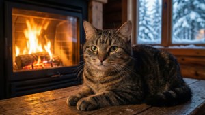A cozy winter scene of a European Shorthair cat by a fireplace. — European Shorthair Wallpaper