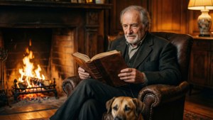 Oudere Pierre François Legrand leest bij een haard met zijn hond