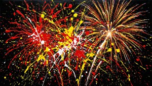 Pintura al estilo Pollock que se asemeja a una explosión de fuegos artificiales