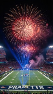 Fireworks display over Gillette Stadium celebrating the New England Patriots.