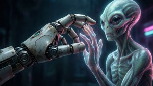 Um close-up emocional de uma mão robótica tocando um ser alienígena brilhante, cena futurista iluminada por néon.