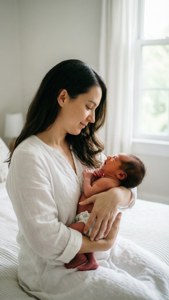 Seorang ibu yang menggendong bayinya yang baru lahir di kamar tidur yang tenang.