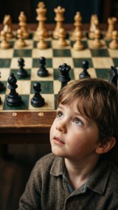 Bobby Fischer som barn lærer skak, undren, nostalgisk.