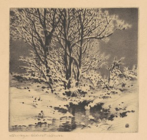 First Snow (No. 1) by George Elbert Burr, created c. 1914, in drypoint in black on wove paper. Download this artwork as a high-resolution wallpaper for desktop, — George Elbert Burr Wallpaper