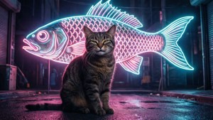 Silhouette di gatto contro un'enorme insegna al neon a forma di pesce, colori vaporwave e strada cyberpunk.