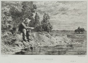 Fishing by Charles Emile Jacque, created 1865, in etching. Download this artwork as a high-resolution wallpaper for desktop, tablet, or mobile. — Charles Emile Jacque Wallpaper