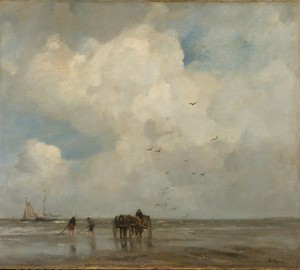 Fishing for Shells by Jacob Maris, created 1885, in canvas; oil paint (paint). Download this artwork as a high-resolution wallpaper for desktop, tablet, or mobi — Jacob Maris Wallpaper