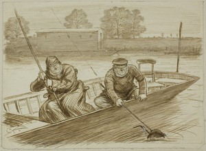 Fishing Scene by Charles Samuel Keene, created c. 1884, in Pen and brown ink, with brush and brown wash and touches of white gouache, on cream wove paper, laid — Illustration Wallpaper