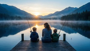 Maman et fils pêchant au bord d'un lac paisible