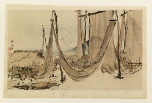 Fishnets drying before Mt. Fuji by Takeuchi Seihô, in Mulberry paper, pigments. Download this artwork as a high-resolution wallpaper for desktop, tablet, or mob — Takeuchi Seihô Wallpaper