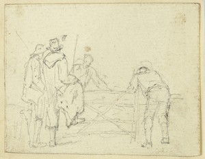 Five Figures at Gate by W. H. (William Henry) Pyne, created n.d., in Graphite on cream wove paper, tipped onto cream wove paper. Download this artwork as a high — W. H. (William Henry) Pyne Wallpaper