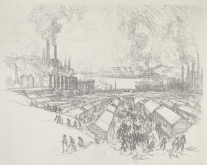 Five O'Clock by Joseph Pennell, created 1916, in lithograph. Download this artwork as a high-resolution wallpaper for desktop, tablet, or mobile. — Art Wallpaper