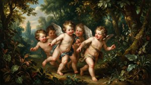 Cinque putti giocosi che si rincorrono in un giardino barocco