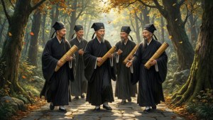 Konfuzianische Gelehrte reisen durch einen Herbstwald und führen philosophische Diskurse