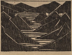 Fjord by Jacoba van Heemskerck, created 1916, in woodcut in black on Japan paper. Download this artwork as a high-resolution wallpaper for desktop, tablet, or m