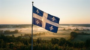 Pemandangan matahari terbit yang tenang dengan bendera Quebec untuk Hari St. Jean Baptiste.