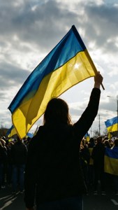 Silhuet af en person, der holder ukrainsk flag ved en fredelig protest.