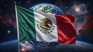 Mexikanische Flagge treibt zwischen Sternen mit der Erde dahinter