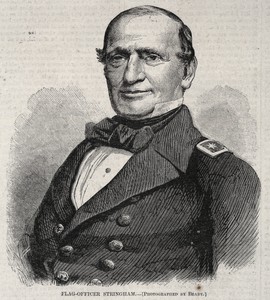 Flag Officer Stringham by Winslow Homer, created 1861, in wood engraving. Download this artwork as a high-resolution wallpaper for desktop, tablet, or mobile. — Winslow Homer Wallpaper