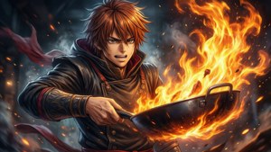 Anime-kok hanteert een vlammende wok in een vurige keukenstrijd. — Food Wars Achtergronden